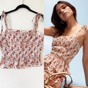 Ulla Johnson Floral Smocked Tie-Strap Tank Top in Blush and Rust